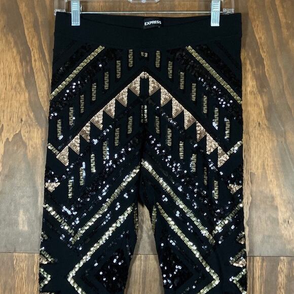 Express Womens Pants Black Gold Sequin High Rise Pull On Legging Stretch Small - Picture 2 of 12
